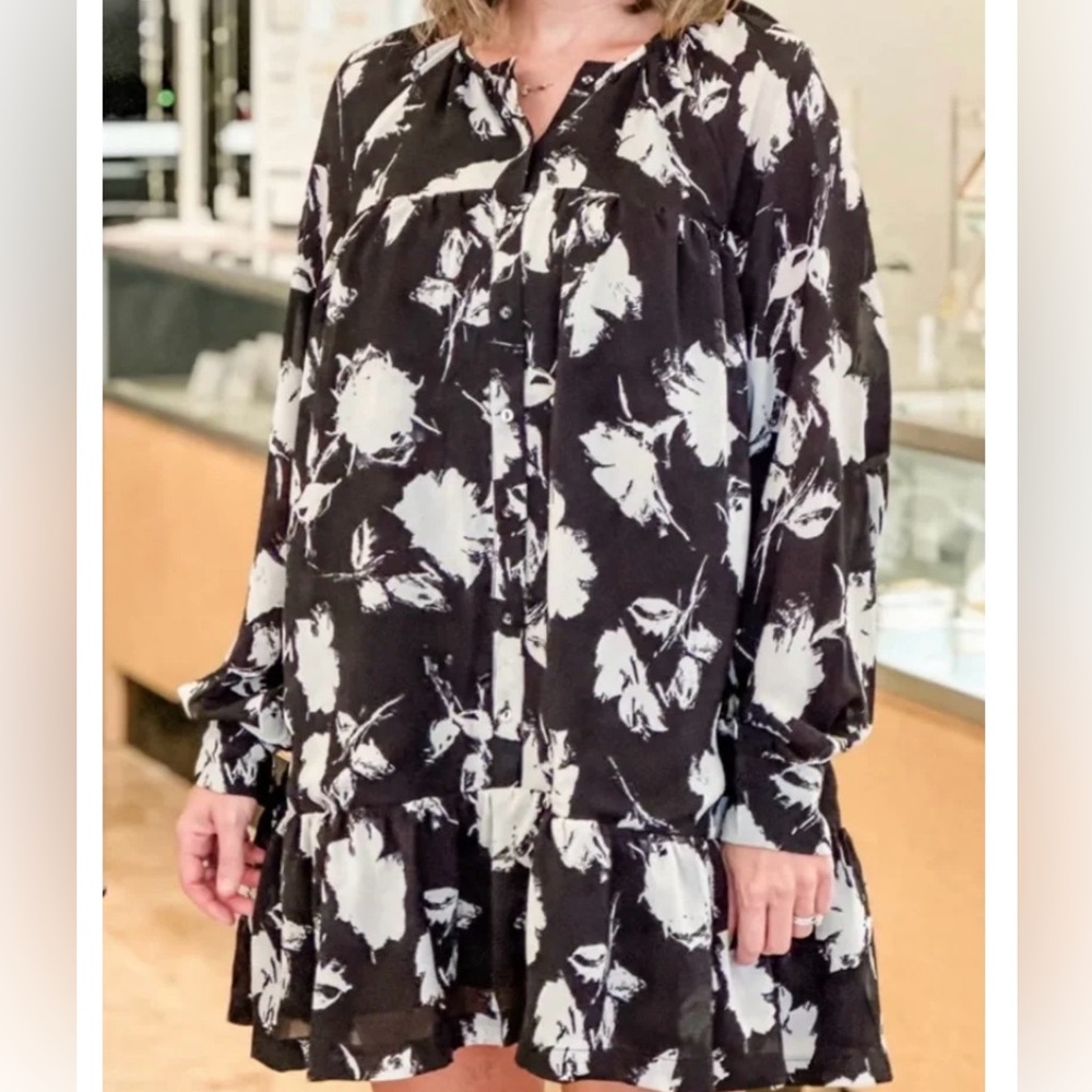 Black and Floral Button Up Boutique Dress